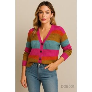 Dee Elly Sweater Womens Small Rainbow Striped Cropped Boutique‎ boho Cardigan